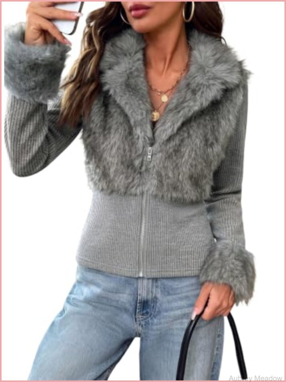 Faux Fur Trim Knit Zip Up Jacket Slim Fit Winter Outwear